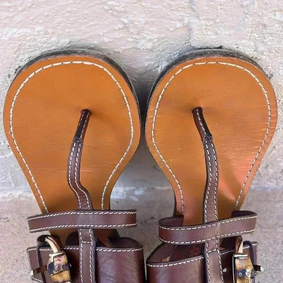 GUCCI Brown Leather Sandals Bamboo Buckle Straps Sz 36.5 - Picture 10 of 11
